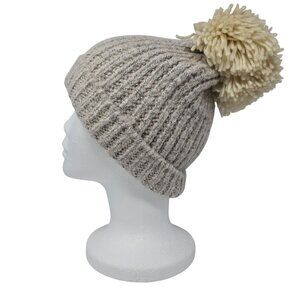 Anthropologie Cream Ribbed Knit Pom Beanie Hat Cap Ski Women One Size OSFA